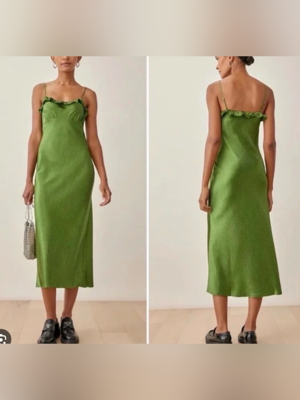 REFORMATION Aribella Silk Green Pin Polka Dot Ruffle Romantic Maxi Slip Dress L